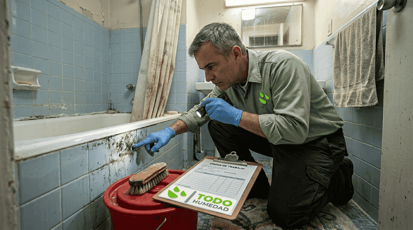 Hombre revisando las juntas del baño por presencia de moho