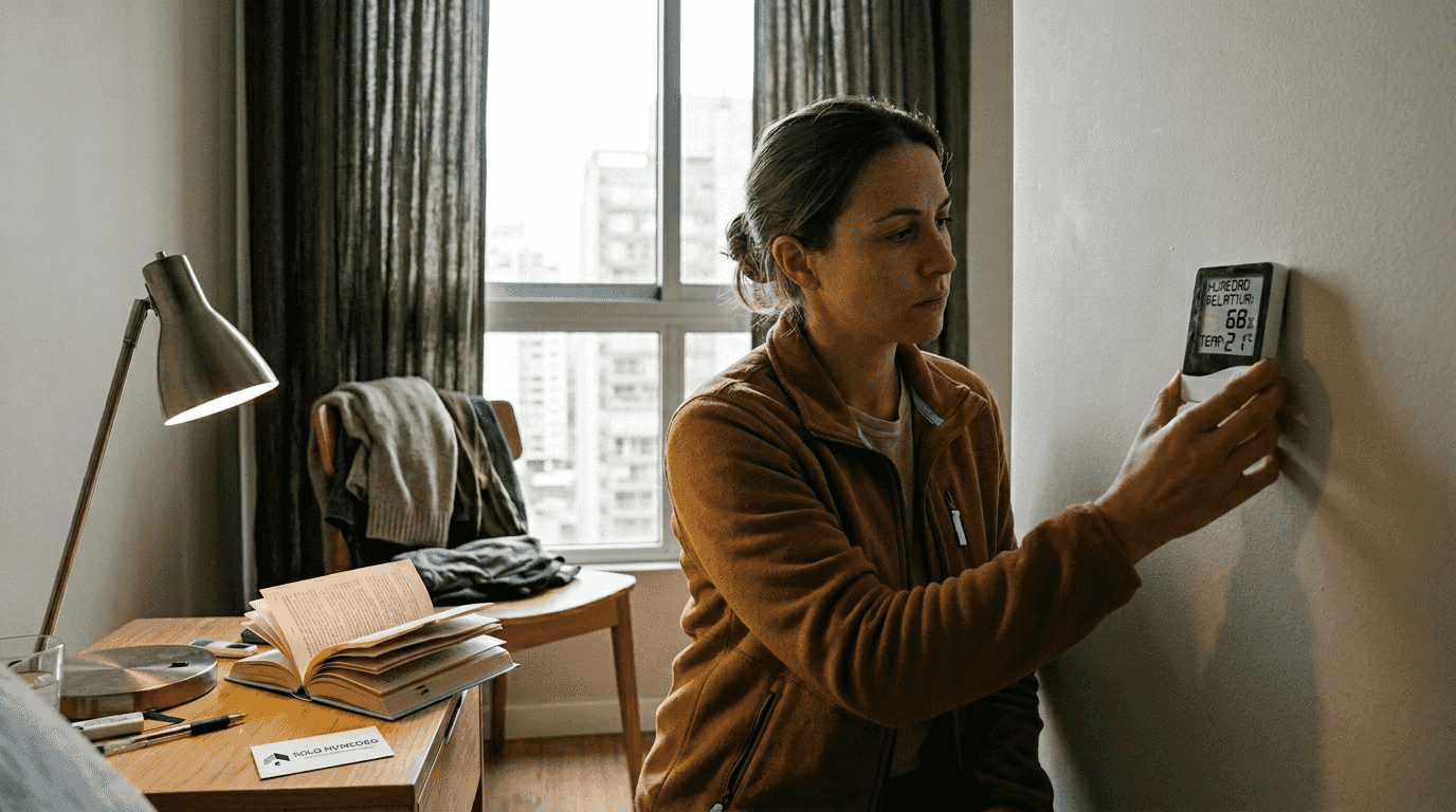Una mujer utiliza un higrómetro digital para comprobar el nivel de humedad.