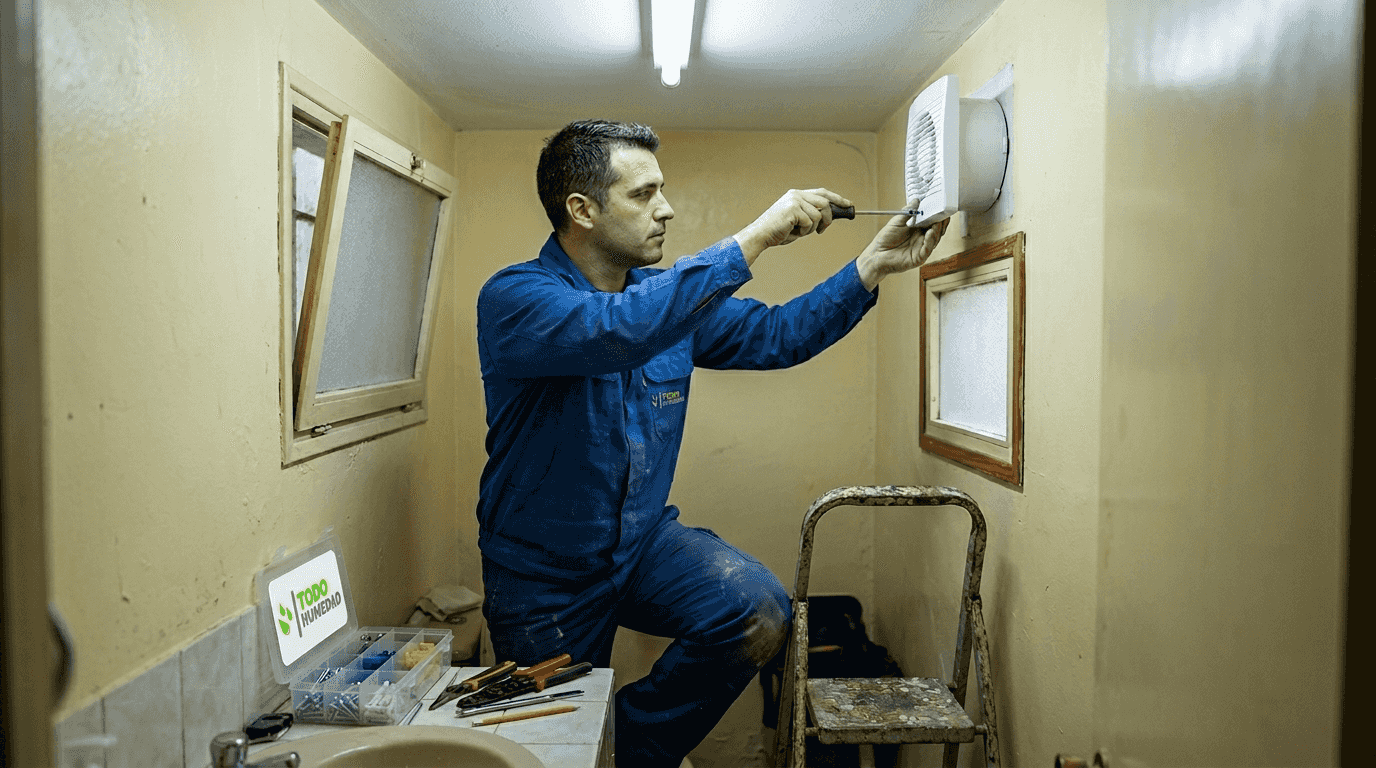 Especialista realizando la instalación de un extractor de aire en el baño de un local comercial.