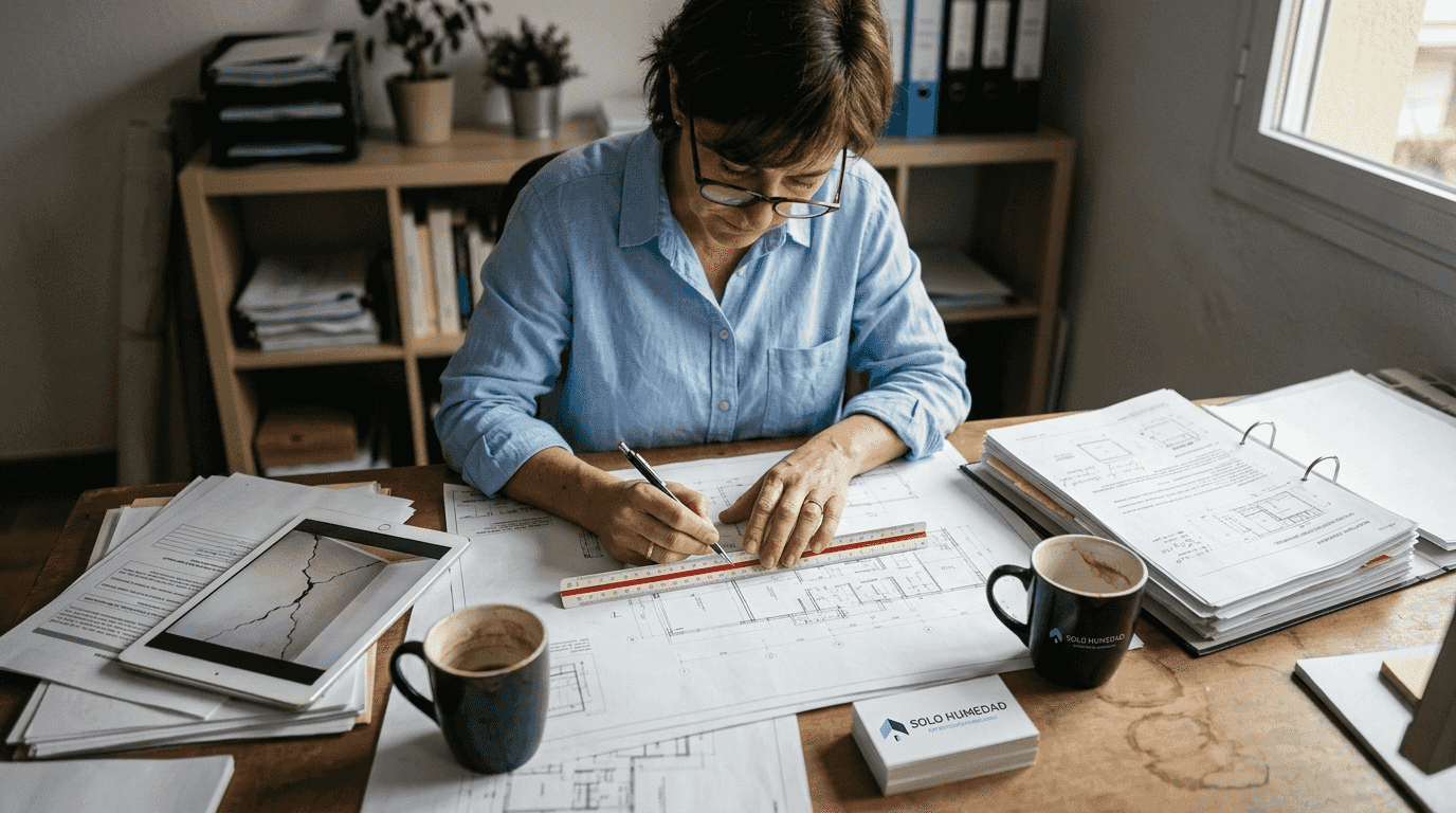 Arquitecta analiza los planos para evaluar el estado del proyecto