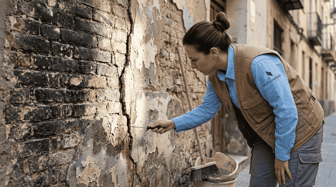 Una mujer señala una grieta en la pared exterior de su casa.