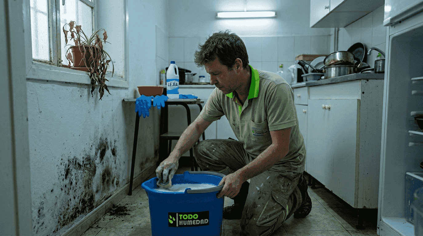 Un hombre elimina el moho de la cocina de su casa
