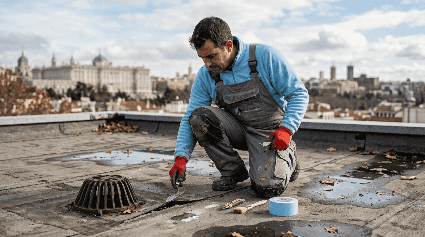 Un especialista inspecciona el sistema de impermeabilización en la azotea para asegurarse de que no haya filtraciones.