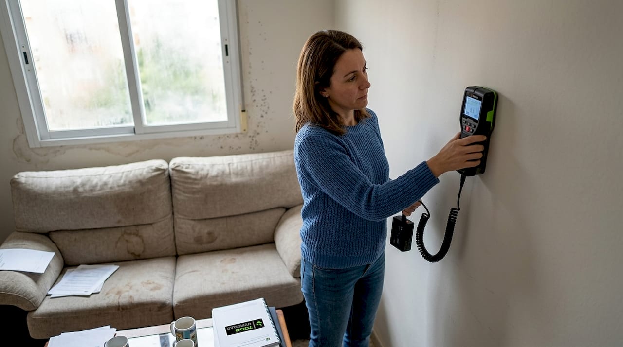 Una mujer comprueba la humedad de la pared utilizando un medidor digital.