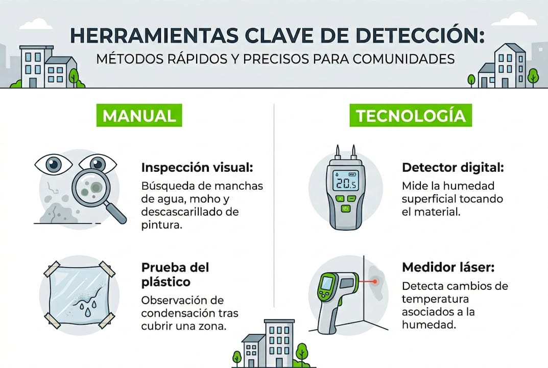 Infografía sobre técnicas tradicionales y soluciones tecnológicas para medir la humedad