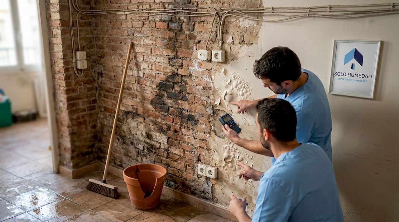 Humedad en la parte baja de la pared con detalles urbanos alrededor