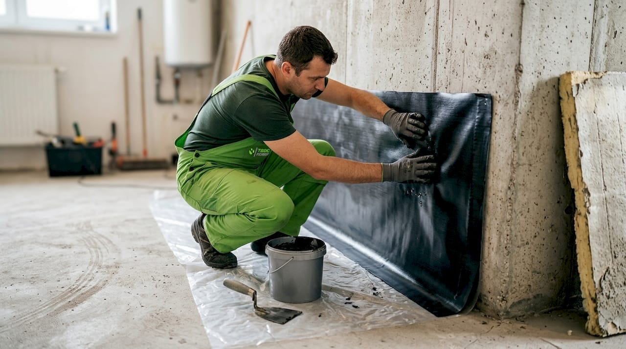 Un operario coloca una membrana impermeabilizante en la pared para protegerla de la humedad.