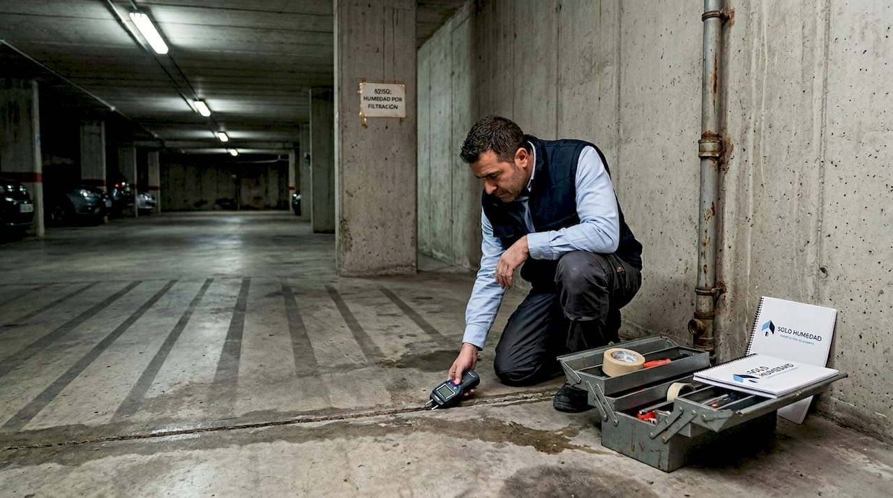Especialista inspeccionando humedades en el sótano del garaje
