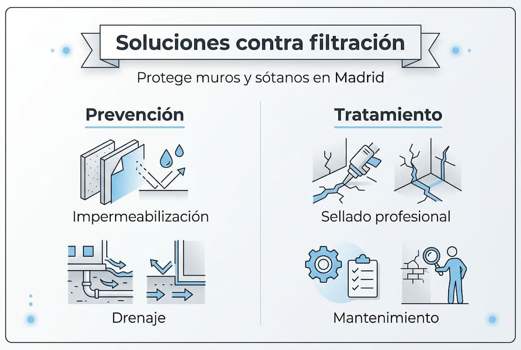 Infografía con soluciones prácticas para eliminar la humedad por filtraciones