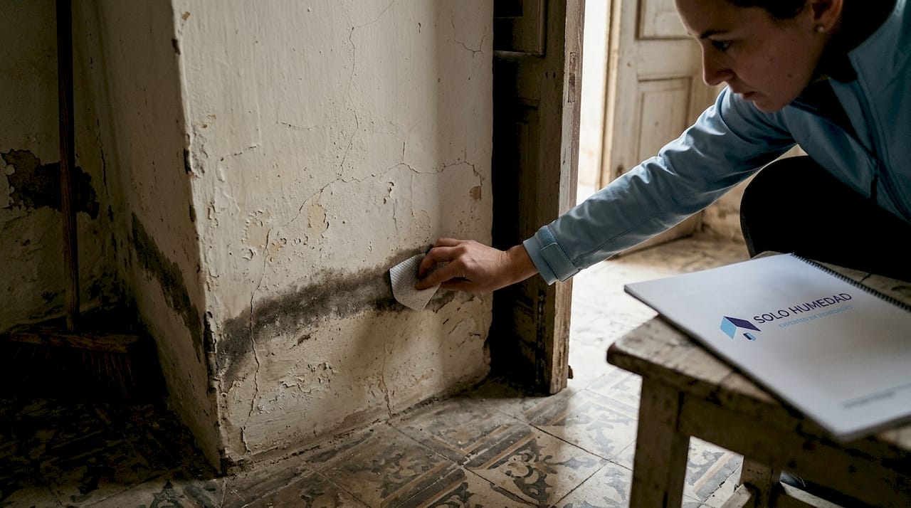Una mano toca la pared para verificar si hay humedad por capilaridad.