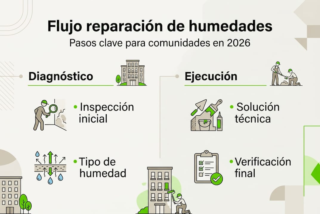 Infografía sobre el proceso de reparación de humedades en comunidades de vecinos