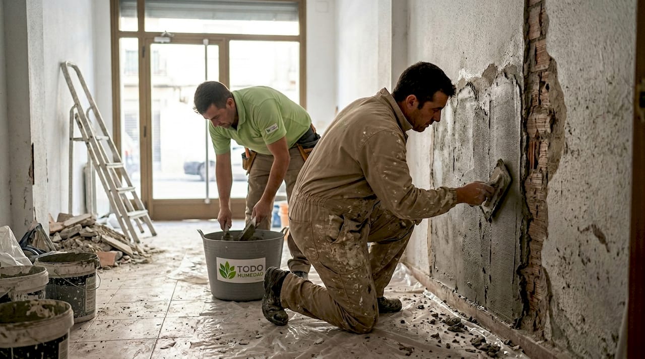Personal de mantenimiento trabajando en la reparación de humedades en el portal