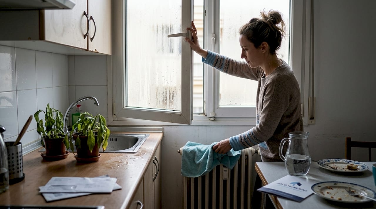 Mujer aireando la cocina para prevenir la acumulación de humedad