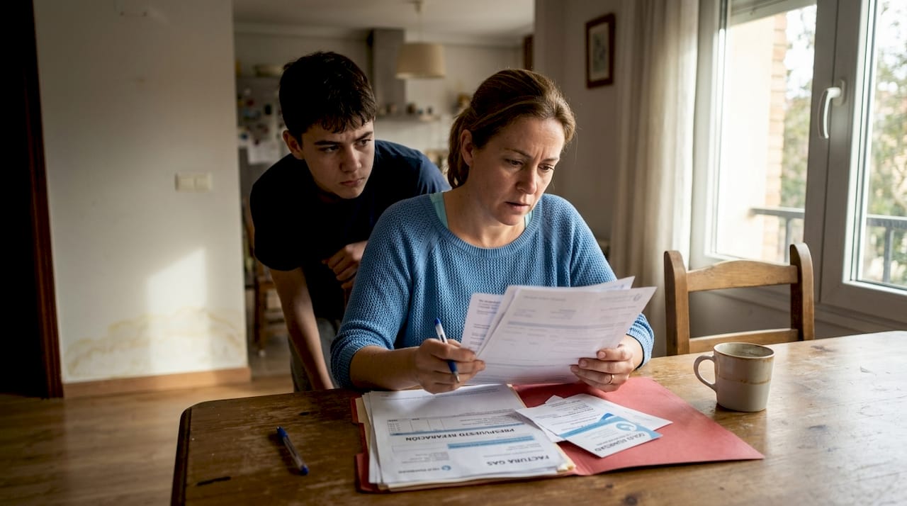 Una familia reunida en el salón de su casa, revisando las facturas mientras notan que las paredes tienen humedad.