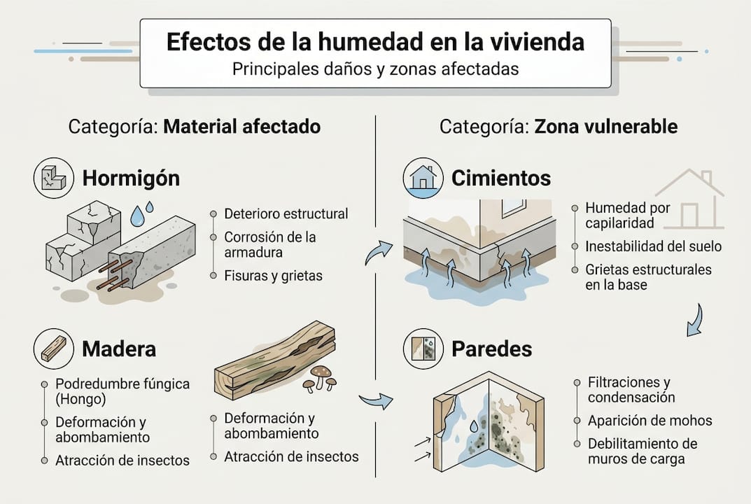 Infografía sobre cómo la humedad afecta la estructura de una vivienda