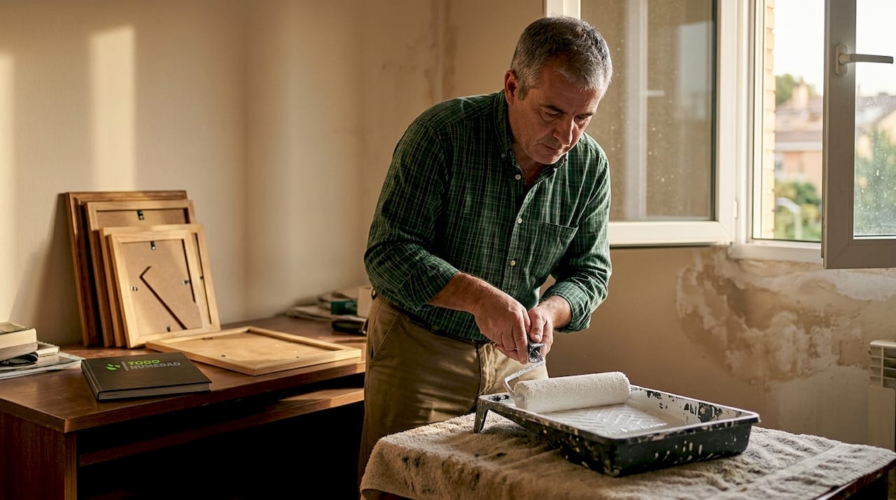 Hombre aplicando pintura antihumedad en la pared