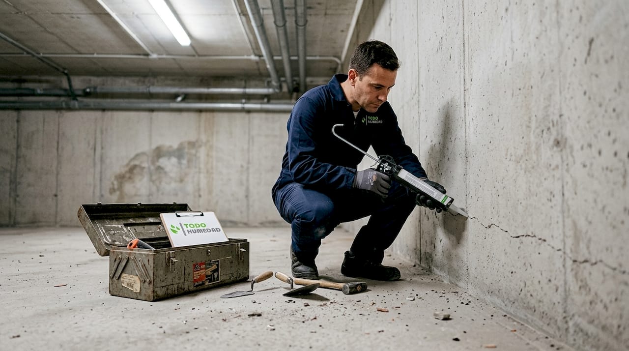 Un técnico aplica sellador en la pared del sótano para evitar filtraciones.