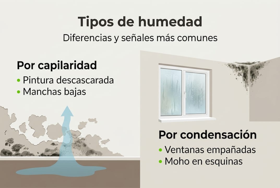 Guía visual para identificar los distintos tipos de humedad y sus señales más comunes