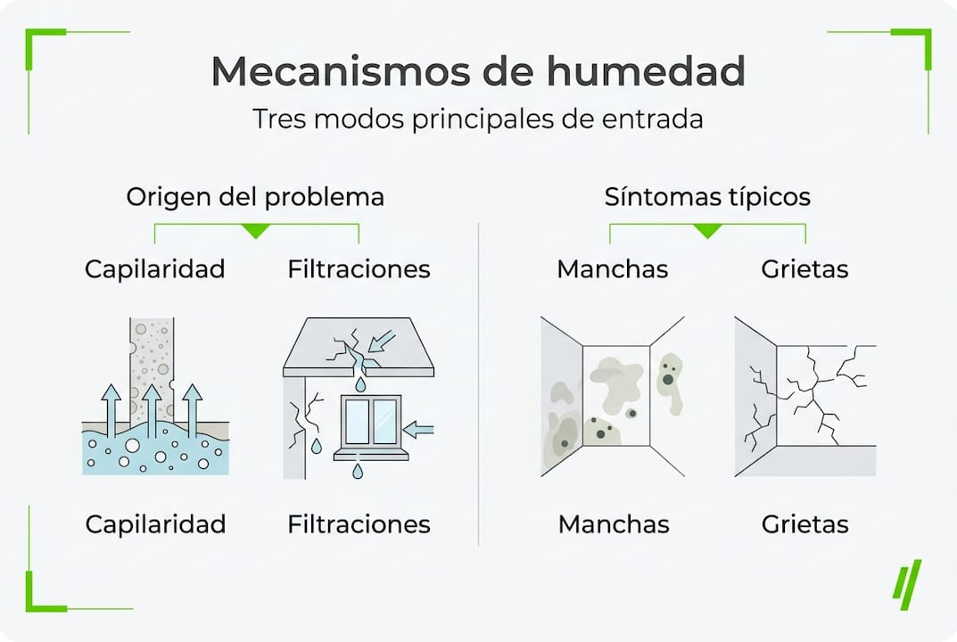 Infografía sobre cómo la humedad se filtra y afecta los espacios
