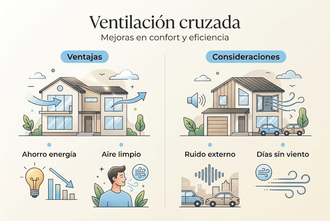 Infografía sobre los beneficios y aspectos a tener en cuenta de la ventilación cruzada