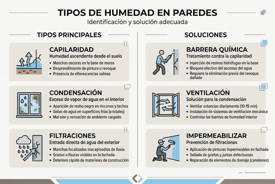 Te mostramos una infografía con las principales causas de humedad en las paredes y cómo puedes solucionarlas.