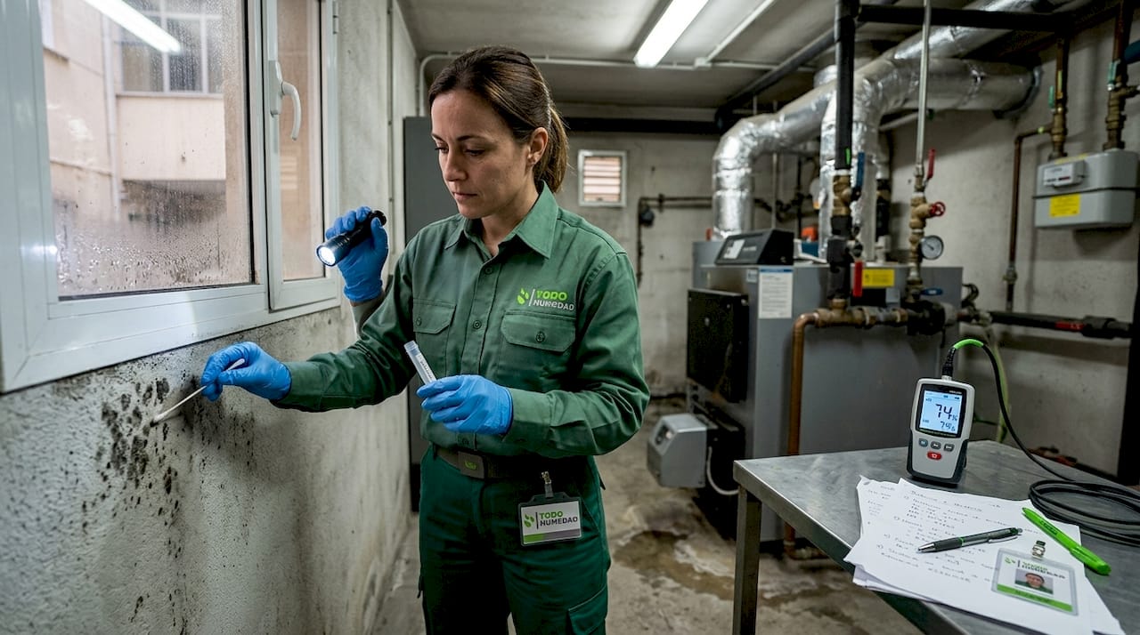 Especialista revisando la presencia de moho con herramientas profesionales