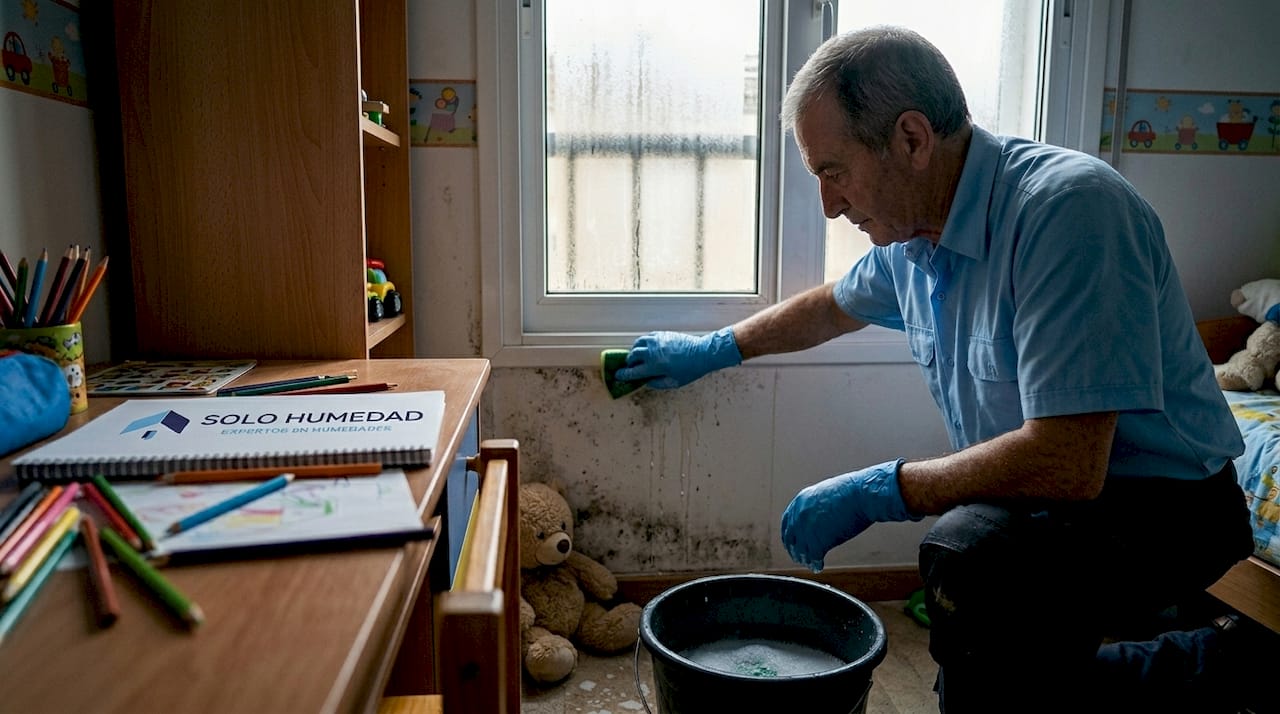 Un hombre elimina manchas de moho en la habitación de un niño.