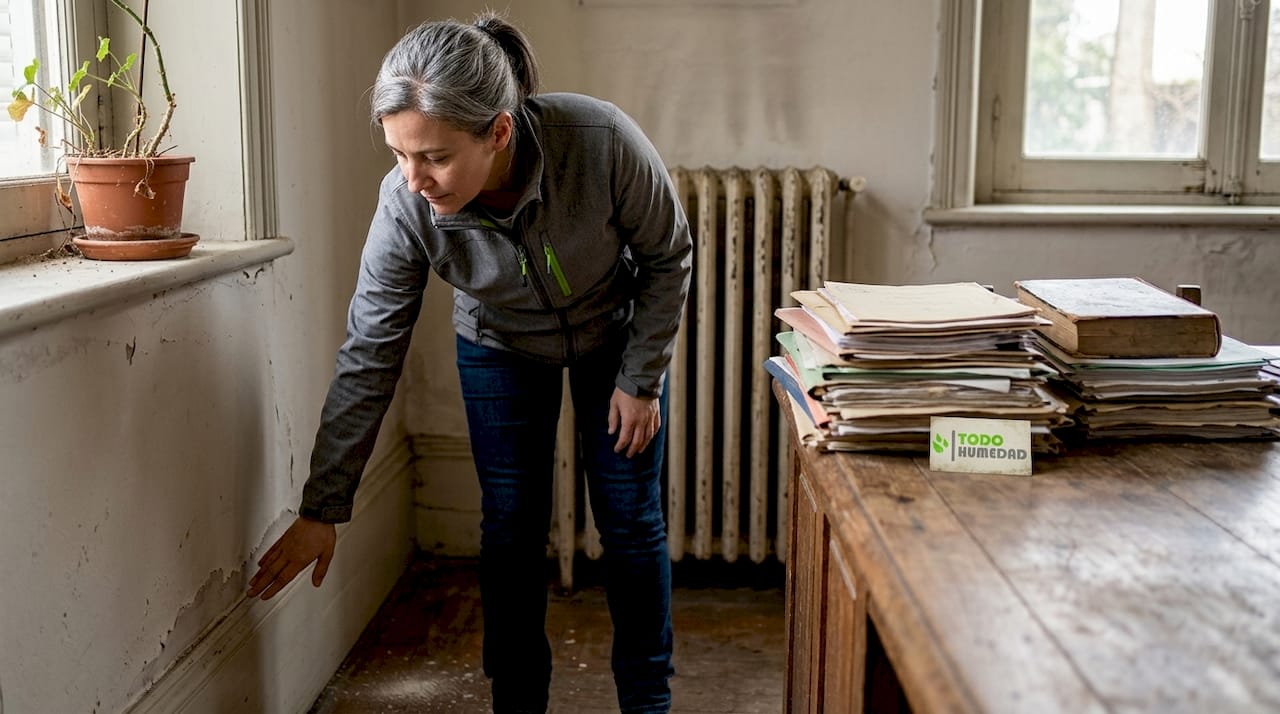 Mujer inspeccionando la pared por problemas de humedad ascendente