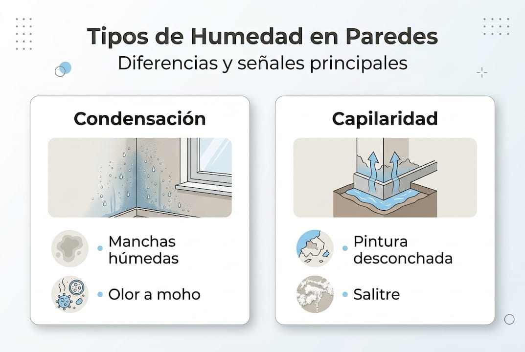 Guía visual sobre los diferentes tipos de humedad que pueden aparecer en las paredes