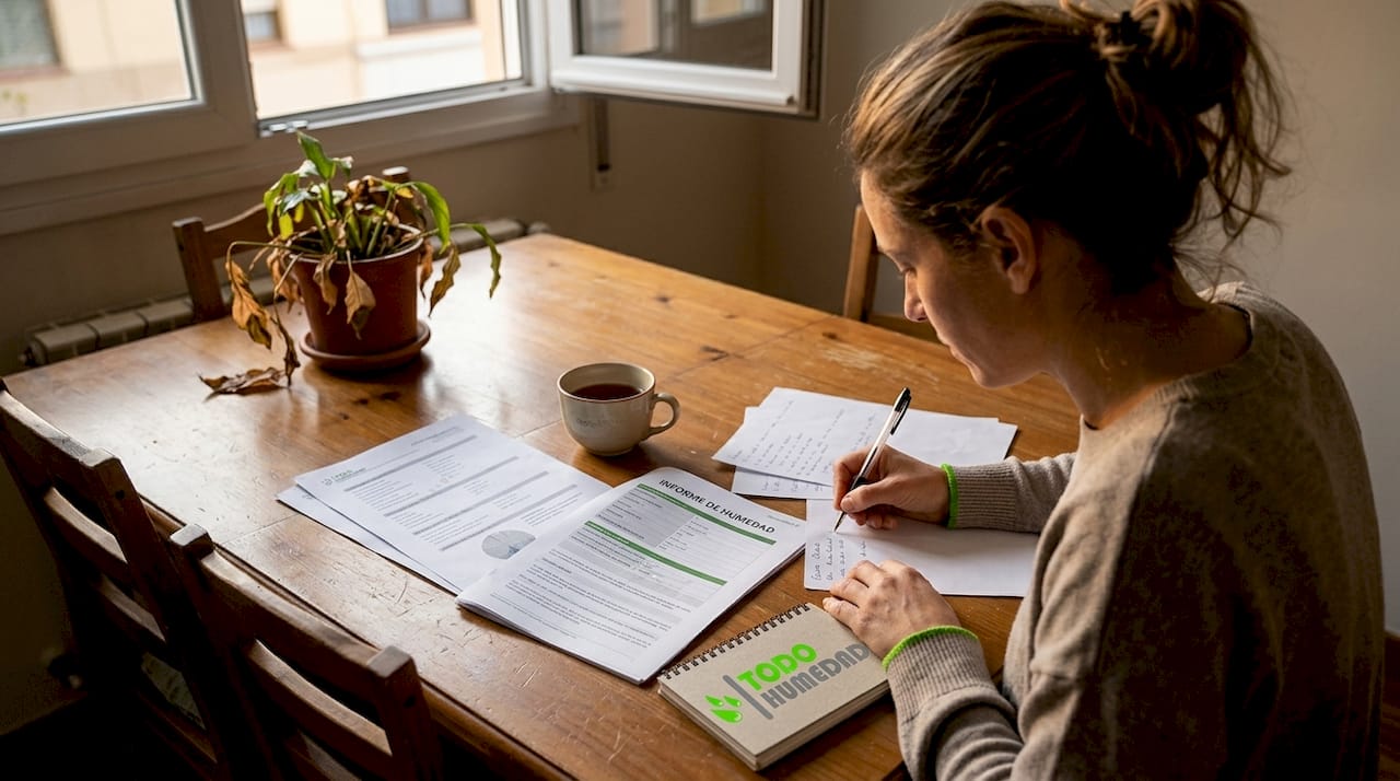 Mujer analizando un informe impreso sobre niveles de humedad