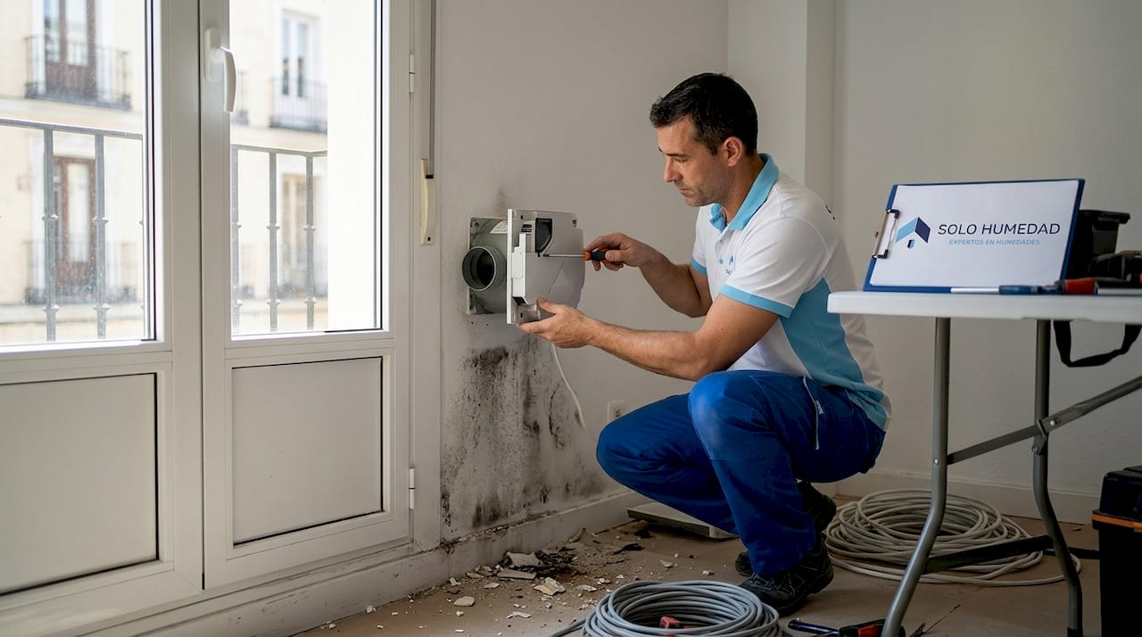 Especialista colocando un sistema de ventilación para eliminar la humedad en la pared