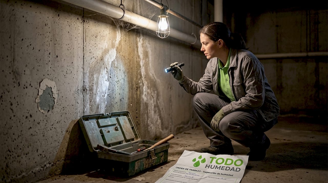 Un técnico revisa la humedad en las paredes del sótano.