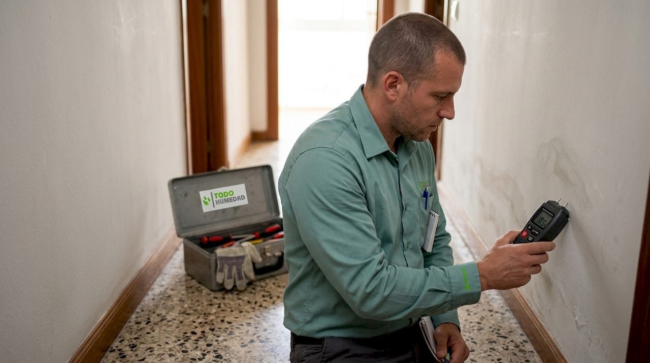 Especialista midiendo la humedad de la pared con un equipo profesional