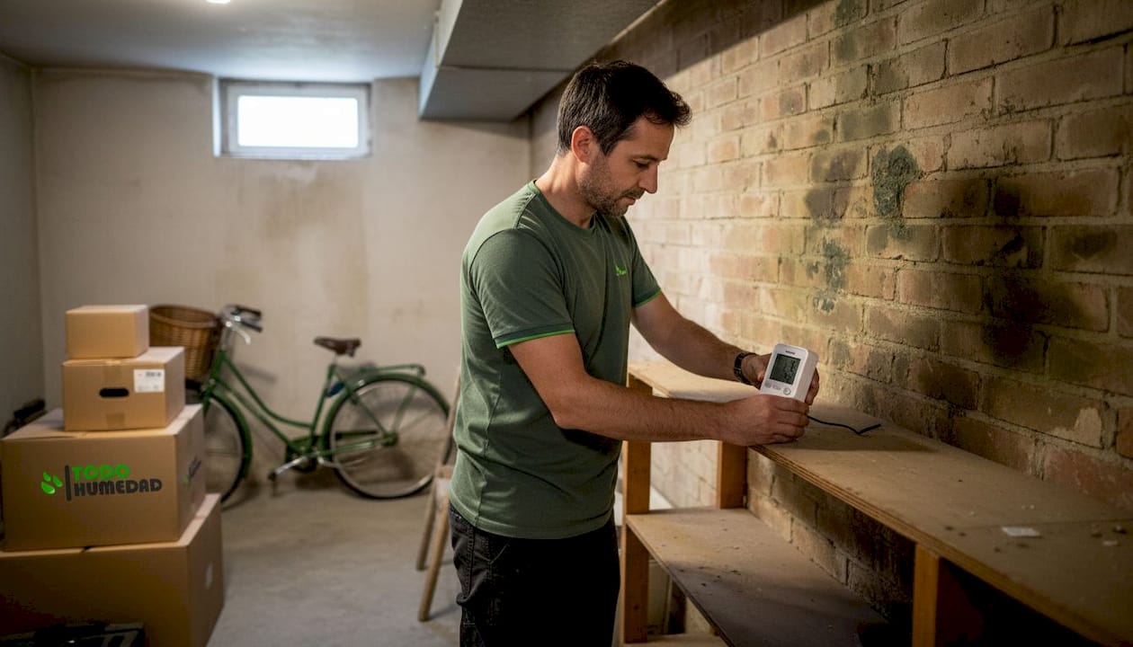Dueño de casa revisando la humedad en el sótano