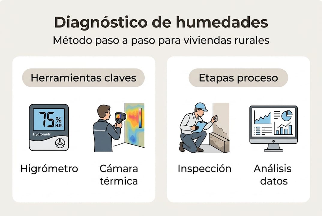 Infografía sobre el paso a paso para identificar problemas de humedad en viviendas rurales
