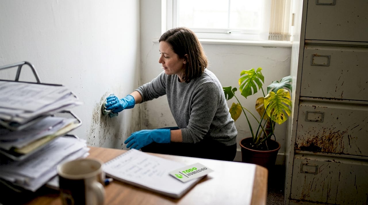 Empleado eliminando una mancha de humedad en el despacho.