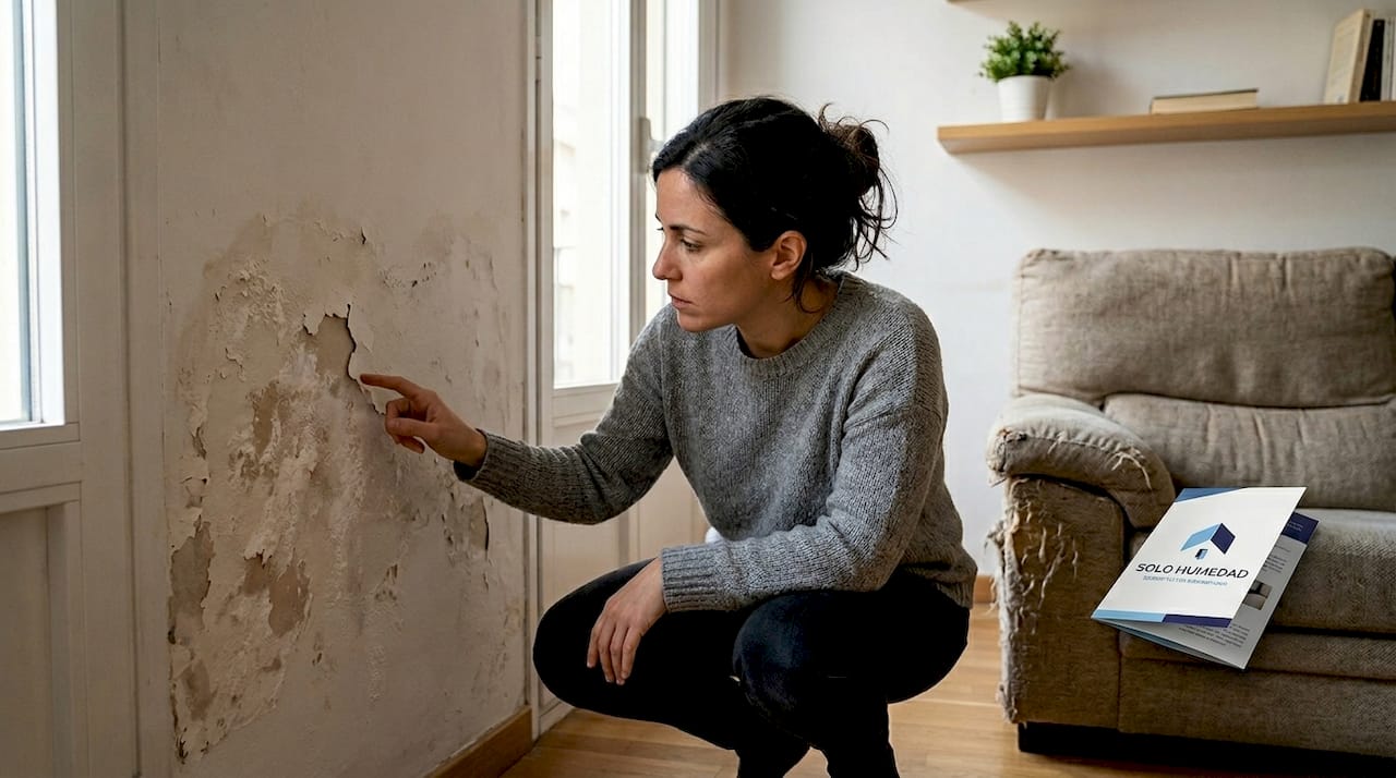 Mujer revisando una pared con humedad y daños