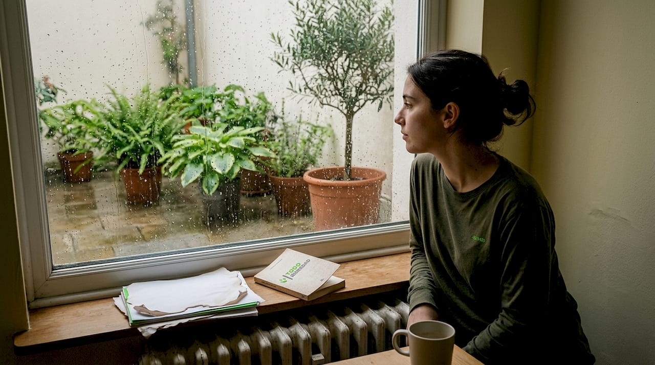 Mujer contemplando la lluvia a través de la ventana desde el interior de su casa