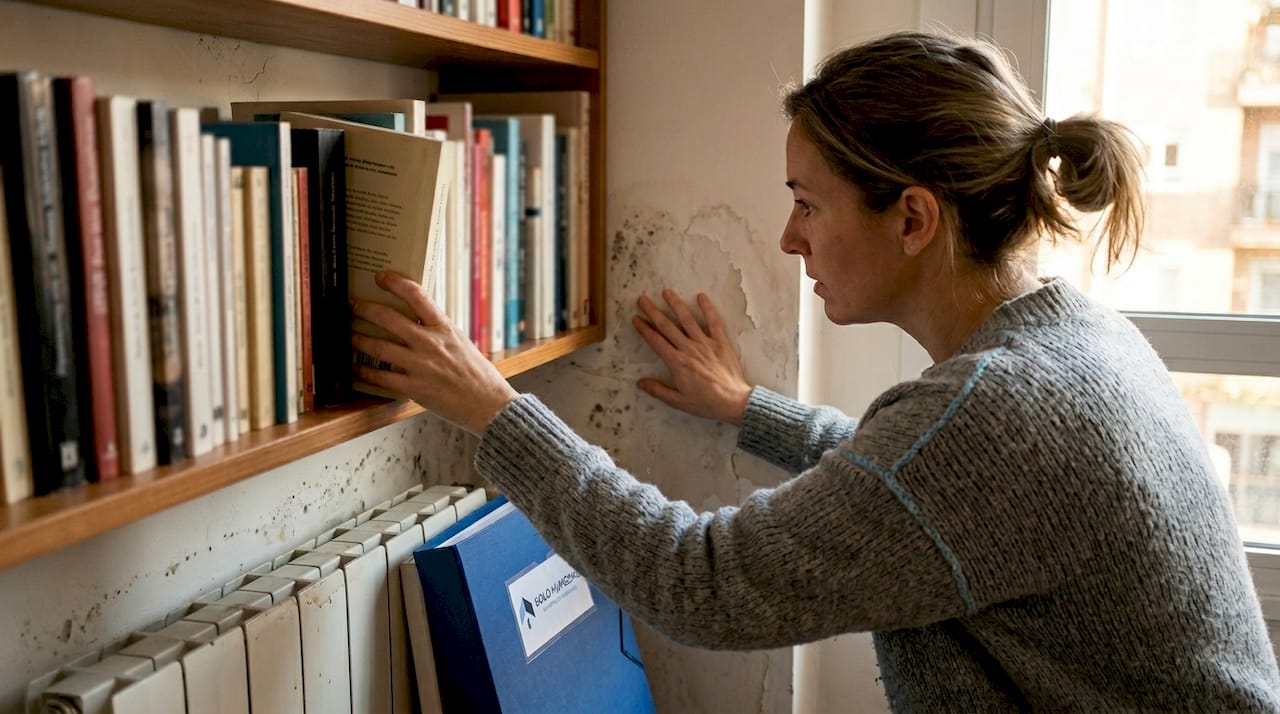 Una mujer examina las posibles causas de humedad en la pared.