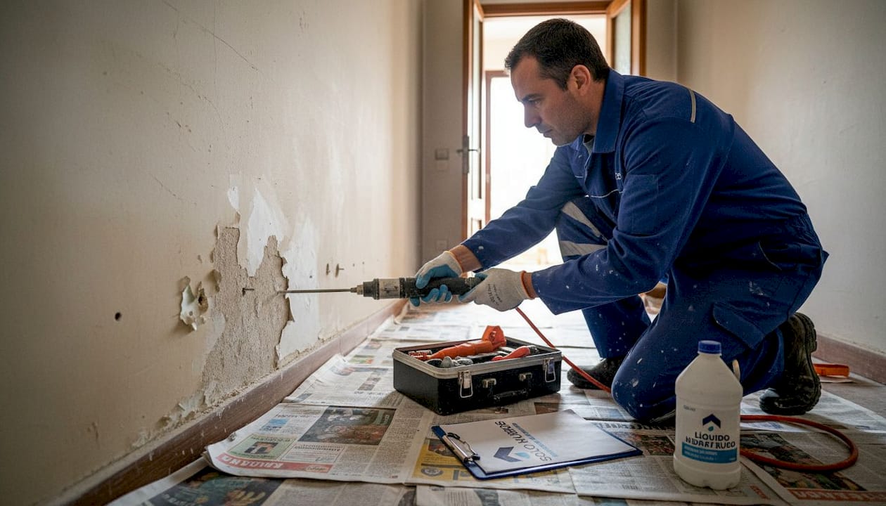 Especialista elimina humedades de la pared mediante un sistema de inyección
