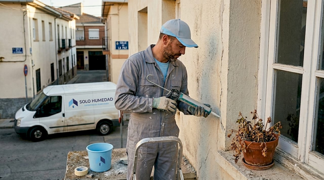Un especialista está aplicando un sellador en la fachada principal del edificio.