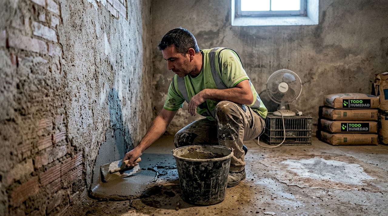Obrero aplicando impermeabilizante en la pared de un sótano