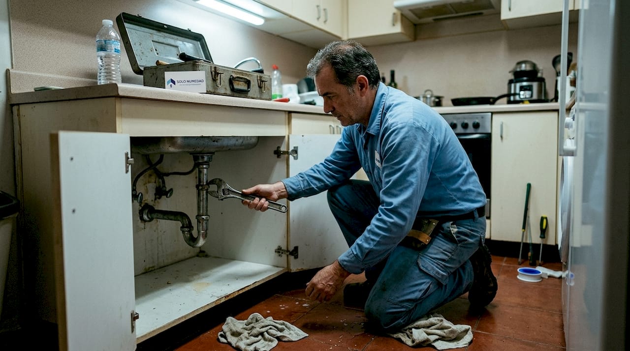 Un fontanero arregla una fuga de agua debajo del fregadero de la cocina