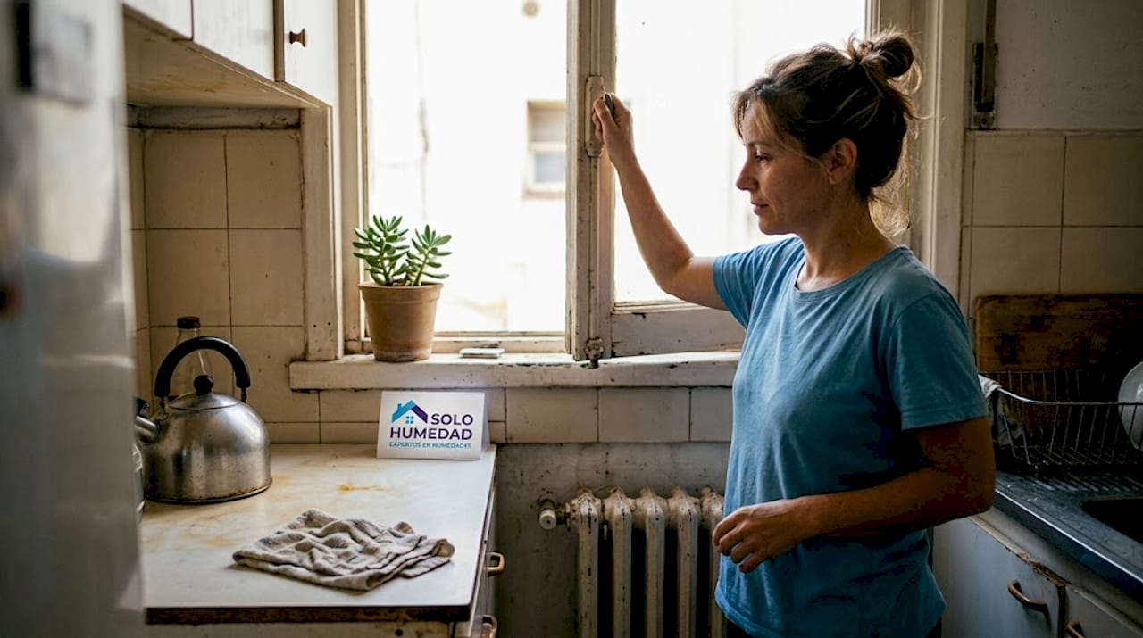 Una mujer abre las ventanas de la cocina para que se vaya la humedad.