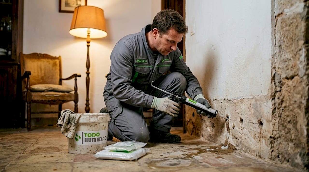 Especialista aplicando tratamiento contra la humedad en una pared