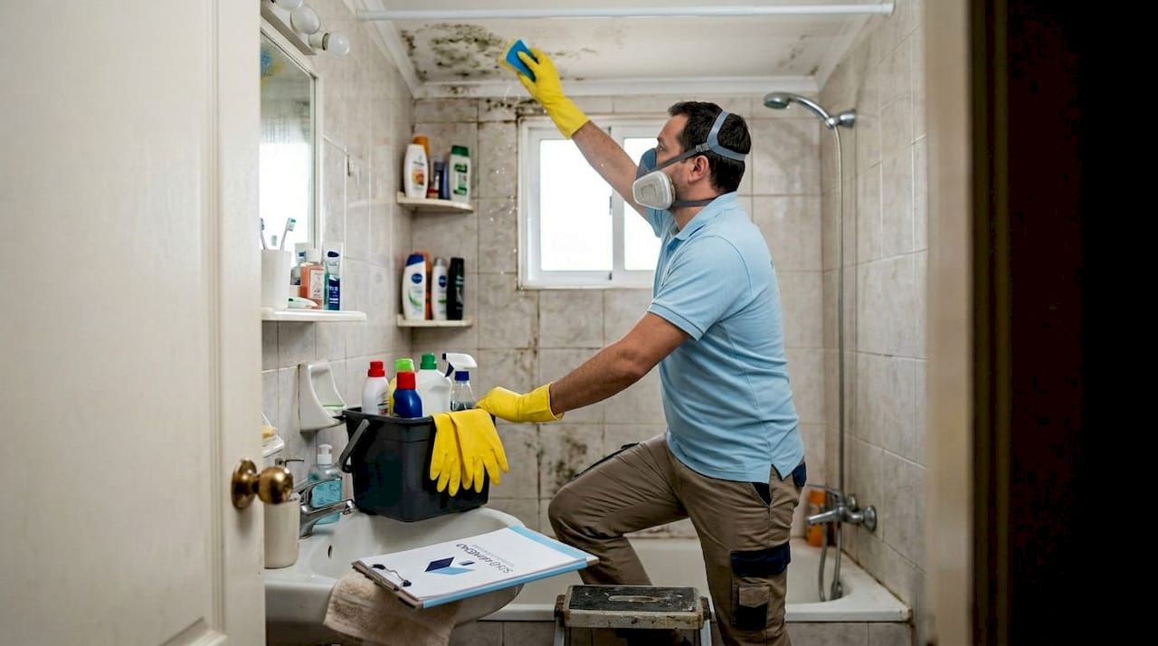 Un hombre elimina el moho que apareció en el baño a causa de una filtración de agua.