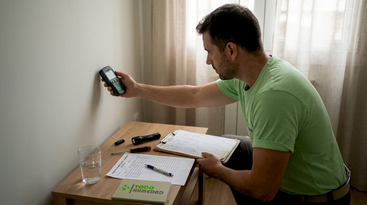Especialista midiendo la humedad del aire en una oficina con un higrómetro portátil