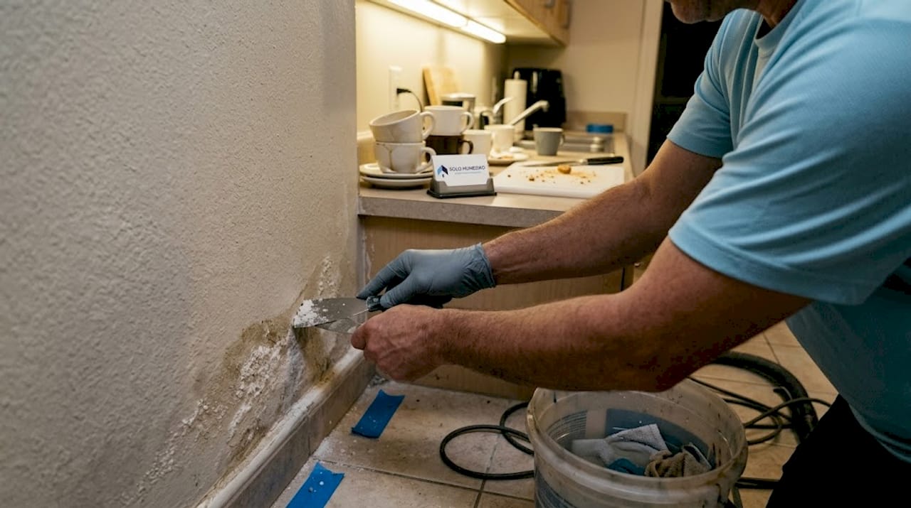 Retiro de sales acumuladas en la base de la pared utilizando una espátula