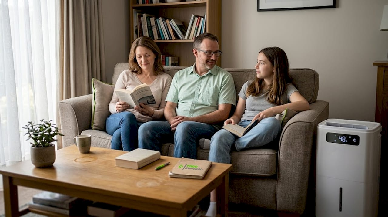 Una familia disfruta de su tiempo juntos en el salón mientras tienen encendido un deshumidificador para mantener un ambiente más cómodo y saludable.