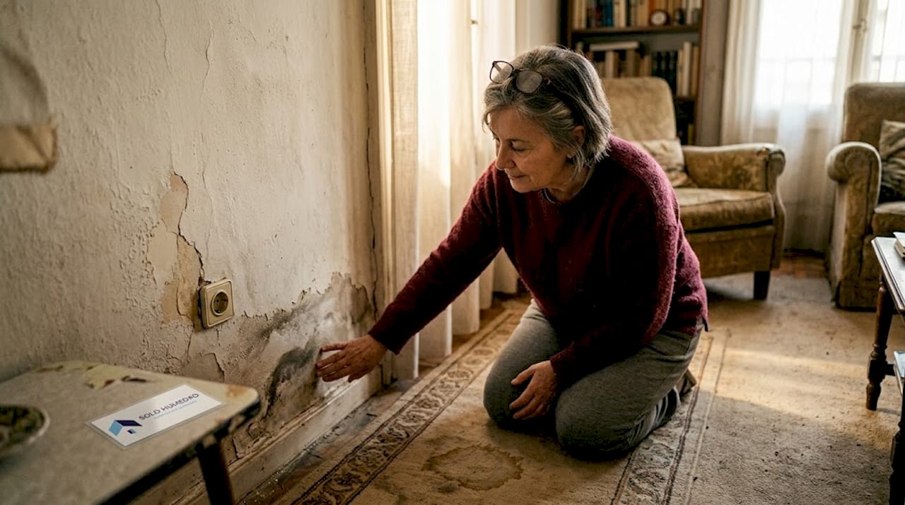 Vecino revisando los daños por humedad en la pared